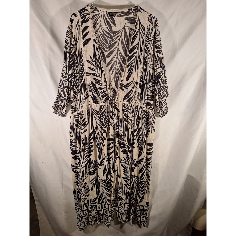 ANGIE Kimono Cardigan Duster Long Sleeve Tropical Leaf‎ Print Black White 1X